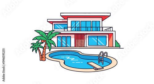 Modern tropical villa with sparkling pool and swaying palm trees under a clear sky for relaxed living