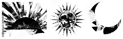 Vector halftone sunburst, moon, and starburst with gritty texture, graphic style, abstract celestial motifs, isolated vector elements.