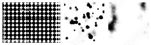 Black and white repeating diamond grid with distressed edges, scattered halftone dots, and soft gradient streaks, vector art, graphic design element, isolated foreground.