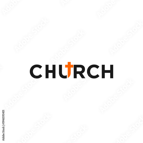 CHURCH word logo with orange cross replacing the letter U, symbolizing Christian faith and spirituality.