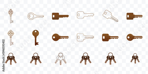 Key Icons Vector Set Modern and Vintage Keys, Security, Access and Property Symbols. House, Car and Skeleton Key Collection