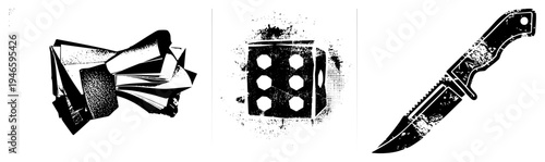 Graphic featuring bow tie with halftone texture, hex dice with grunge splatter, tactical knife with worn finish, all in black and white vector style.