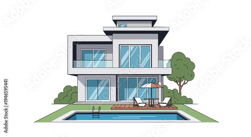Sleek contemporary luxury residence with private swimming pool, deck chairs, umbrella, green landscaping, showcasing architectural design and ideal