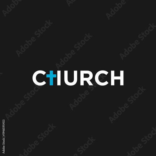 Modern Church wordmark logo design with blue Christian cross symbol on black background, representing faith and community.