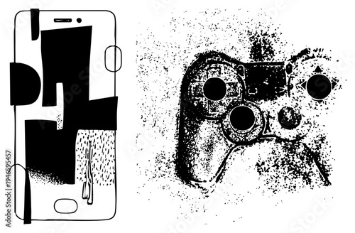 Digital device and gaming controller rendered in black and white, stylized halftone, tech gadgets, mobile gaming interface, abstract tech.