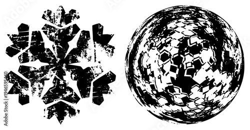 Black and white vector art featuring a fractured snowflake and spherical crystal, stylized with halftone texture, isolated graphic elements for UI or branding.