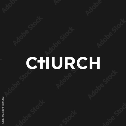 Minimalist white 'CHURCH' text with a Christian cross symbol on a black background