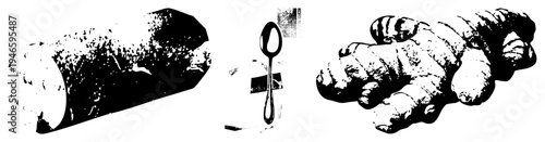 Black and white halftone vector illustrations of log, spoon, and ginger root. Graphic design elements with textured grain, isolated foregrounds, stylized natural forms.