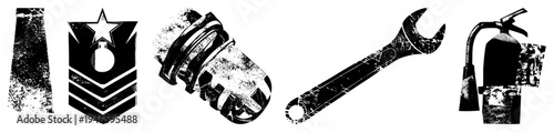 Black and white distressed vector of military rank, socket wrench, fire extinguisher, and industrial tools, isolated flat design for UI or manuals.