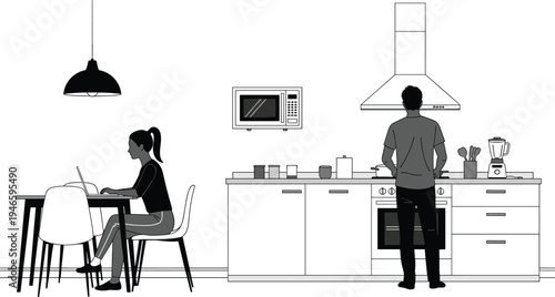 Modern home kitchen interior with couple cooking and working on laptop, daily life lifestyle illustration, contemporary household scene