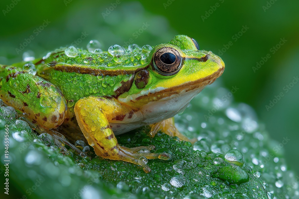 Fototapeta premium Frog resting on a wet leaf, macro photography look