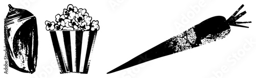 Classic cinema snack items rendered in halftone style striped popcorn bucket, soda bottle, carrot with textured skin. Retro graphic elements for cinema, food, or health themes.