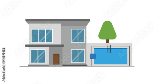 Modern two-story residential building with a private outdoor swimming pool and green tree, flat minimalist architectural vector illustration on white