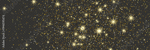 Gold glittering dust with stars on transparent backdrop