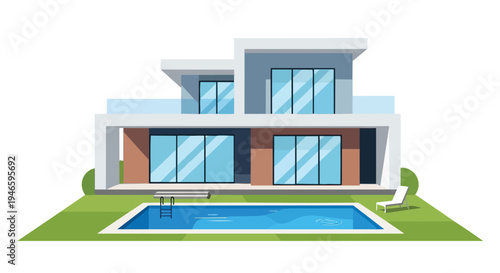 Contemporary architectural residence featuring expansive glass, a private swimming pool, and sleek outdoor leisure space