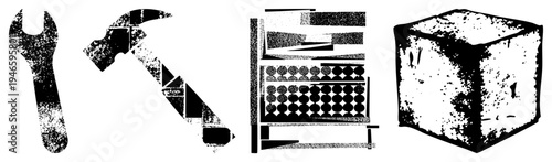 Set of four stylized tools wrench, hammer, abacus, cube with halftone textures, fragmented shapes, and gritty vector design. Ideal for retro tech or mechanical themes.