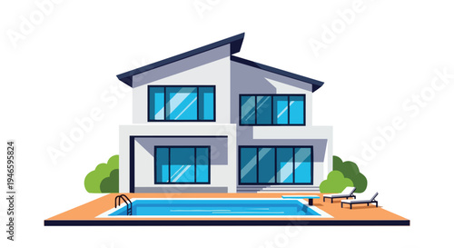 Modern two-story house with a private swimming pool and sunny outdoor lounge area