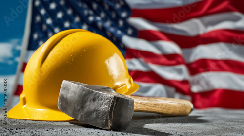Wallpaper Mural sledgehammer and a yellow construction helmet against a backdrop of an American flag fluttering in the wind, copy space for text, and a Labor Day banner Torontodigital.ca