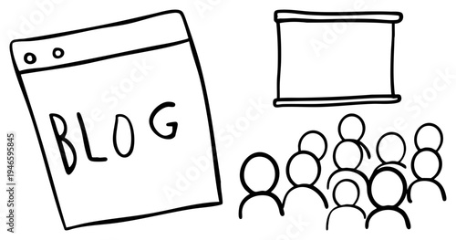 Hand drawn blog webpage attracting, presentation screen, crowd of viewers, content marketing, digital publishing,, content delivery.