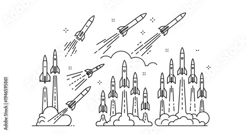 Collection of rockets launching into space with smoke trails.