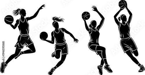Female basketball players silhouettes vector set. Women in action playing with ball isolated on white background.