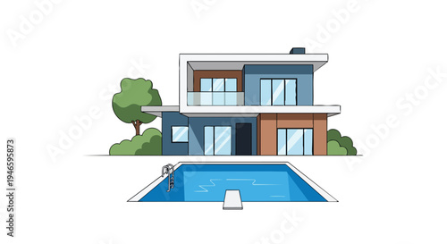 Stylish modern two-story house with a beautiful blue swimming pool, diving board, and green landscaping, an ideal setting for luxurious living and
