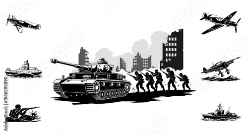 World War II military scene with tank soldiers and aircraft.