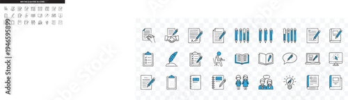 Writing, Education, and Office Line Icons Set Pen, Document, Book, Study, Business and Creative Vector Collection