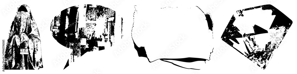 Obraz premium Stylized graphic elements featuring draped figure, cityscape, curved form, and arrow all rendered in high contrast halftone texture. Vector art with distressed aesthetic for design.