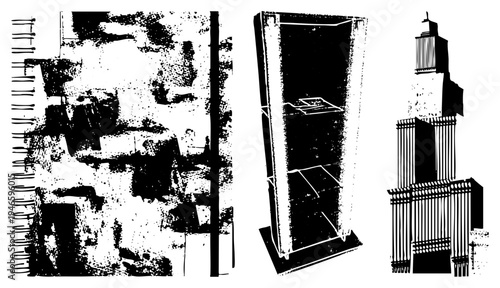 Black and white vector illustration of cityscapes, modernist architecture, textured halftone effects, urban decay motifs, graphic design elements.