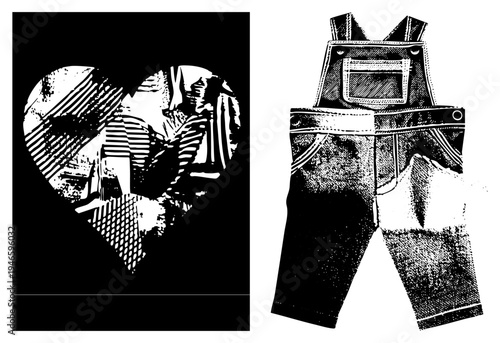 Black and white halftone heart frame containing cityscape, graffiti, and urban textures, graphic design element, isolated vector art, urban motif.