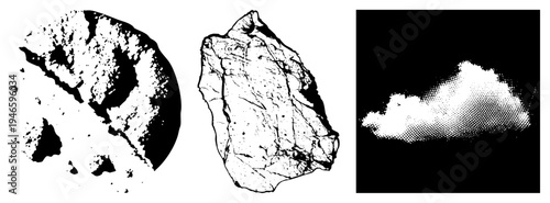 Three stylized geological samples with textured surfaces, one halftone cloud, flat vector design, isolated rock formations, geological study visuals.