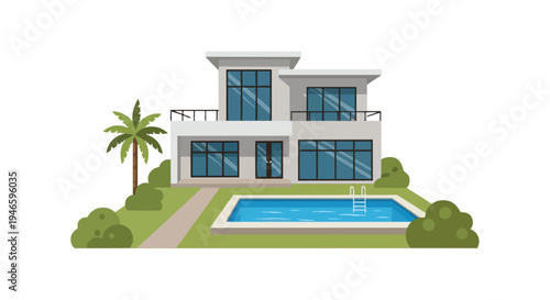 Contemporary two-story villa with a refreshing swimming pool and lush tropical landscaping under clear skies, embodying sophisticated design and