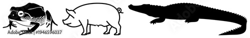Vector style frog, pig, and alligator in, isolated, flat design, wildlife, animal shapes, stylized fauna.