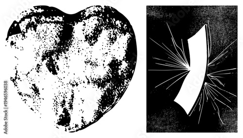 Fragmented heart silhouette with speckled halftone texture, alongside a broken glass with radiating cracks, both in vector style.
