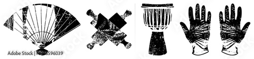 Black and white graphic of fan, rolling pin, djembe drum, and gloved hands, distressed texture, vector.