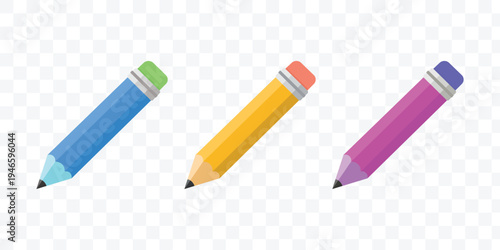 Colorful Pencils Vector Icon Set Flat Design School, Art and Stationery Supplies