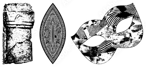 Three stylized objects masquerade mask with layered, ornamental shield with symmetrical motifs, textured stone pillar. Vector halftone design,, graphic art.