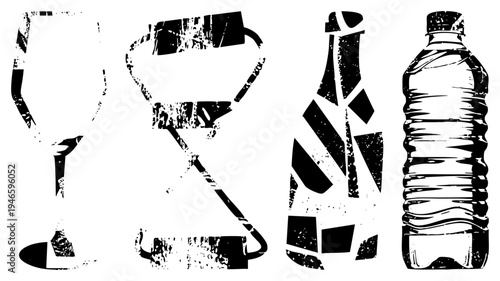 Wine glass, trophy, champagne, water bottle gritty halftone,, distressed vector silhouettes. Perfect for retro branding or packaging.