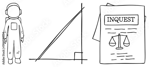 Space in suit, right triangle diagram, investigative newspaper titled "INQUEST" with scales, minimalist art, educational or conceptual illustration.