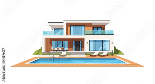 Modern villa with swimming pool, outdoor lounge area, and sleek architectural design for luxurious living spaces and serene relaxation.