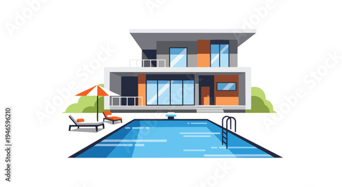 Contemporary Architectural Residence with Private Pool and Relaxation Area Vector Illustration