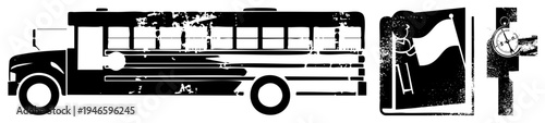 Retro school bus silhouette, flagpole emblem, compass rose graphic, distressed vector art, educational set, design.