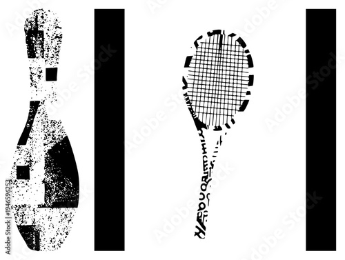 Retro bowling pin and tennis racket in black and white, halftone dot, sport equipment, graphic design elements, vector art.