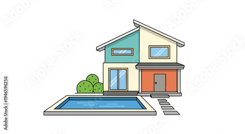 A charming and vibrant two-story modern house illustration complete with an inviting outdoor swimming pool, lush green landscaping, and a welcoming