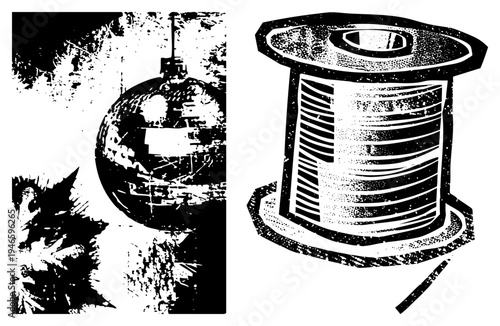 Retro disco ball reflecting light, thread spool with wound, halftone vector art, black and white illustration, graphic design element.