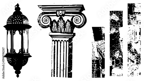 Black and white vector of decorative lantern, classical column capital, and weathered stone fragments, rendered in bold with halftone texture accents.