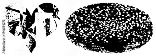 Stylized black silhouette shapes with splatter texture, paired with oval speckled, vector art, isolated design elements, modern graphic composition.