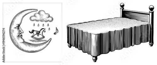 Sleepy moon raining gently on rocking horse, lullaby melody, dreamy bedtime scene, celestial nursery, night sky illustration.