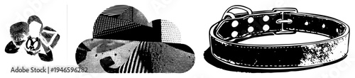 Retro styled dog accessories rendered in halftone, including hat and studded collar, ideal for pet branding or apparel design.